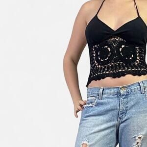 Xhilaration Black Crochet Floral Halter Crop Top Festival Boho Y2K Top Sz M